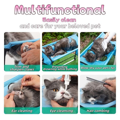 Foldable Pet Grooming Table for Cats and Small Dogs, Multi-functional Care Station with Mesh Bed, Storage Pockets, and Adjustable Restraint Straps for Nail Trimming, Hair Brushing, Bathing, and Ear Cleaning (Black)