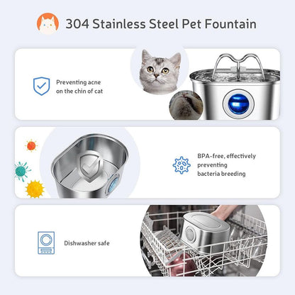 304 Stainless Steel Pet Water Fountain, 3.2L Oval Design with Dual Water Flow, Ultra-Quiet Automatic Circulating Filtered Drinking Station for Cats and Dogs, USB Powered (Adapter Not Included), Dishwasher Safe (B)