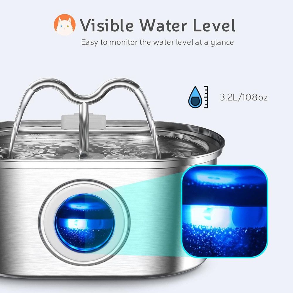 304 Stainless Steel Pet Water Fountain, 3.2L Oval Design with Dual Water Flow, Ultra-Quiet Automatic Circulating Filtered Drinking Station for Cats and Dogs, USB Powered (Adapter Not Included), Dishwasher Safe (C)