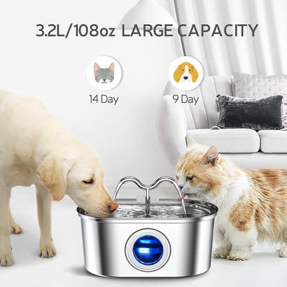 304 Stainless Steel Pet Water Fountain, 3.2L Oval Design with Dual Water Flow, Ultra-Quiet Automatic Circulating Filtered Drinking Station for Cats and Dogs, USB Powered (Adapter Not Included), Dishwasher Safe (C)