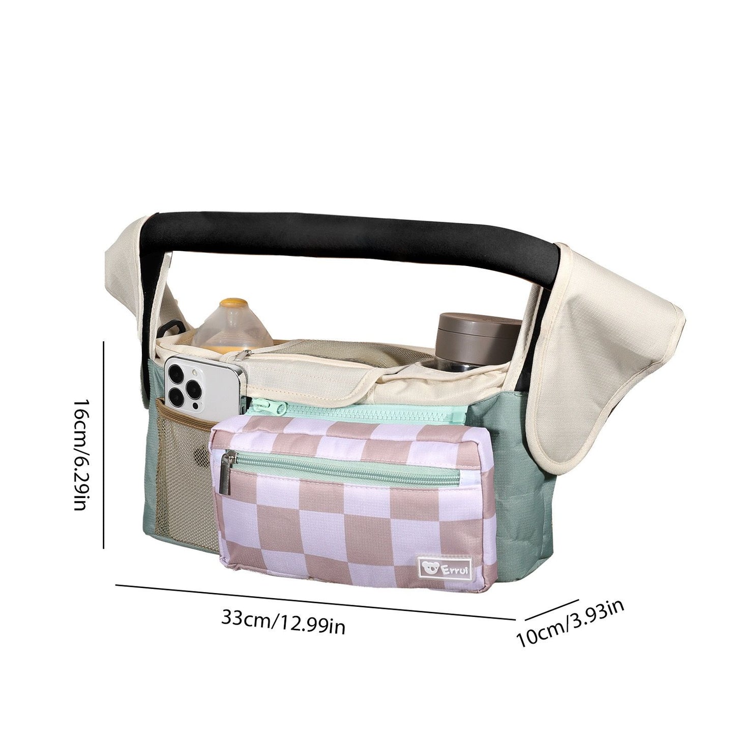 Multifunctional Stroller Organizer Bag – Universal Hanging Storage Pouch with Insulated Bottle Holder, Detachable Pouch, and Adjustable Straps, Doubles as a Crossbody Diaper Bag for On-the-Go Convenience (Avocado Check)