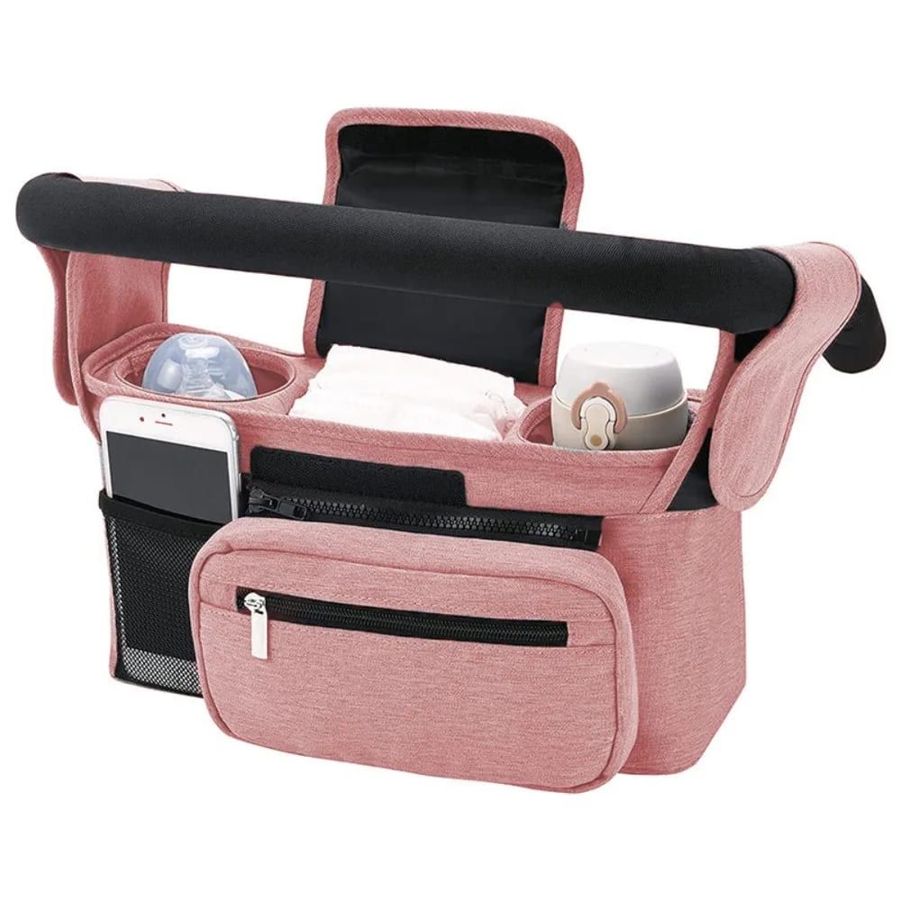 Multifunctional Stroller Organizer Bag – Universal Hanging Storage Pouch with Insulated Bottle Holder, Detachable Pouch, and Adjustable Straps, Doubles as a Crossbody Diaper Bag for On-the-Go Convenience (Black)