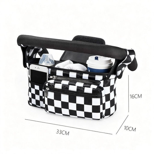 Multifunctional Stroller Organizer Bag – Universal Hanging Storage Pouch with Insulated Bottle Holder, Detachable Pouch, and Adjustable Straps, Doubles as a Crossbody Diaper Bag for On-the-Go Convenience (Black-White Checkered)