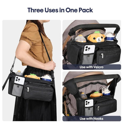 Multifunctional Stroller Organizer Bag – Universal Hanging Storage Pouch with Insulated Bottle Holder, Detachable Pouch, and Adjustable Straps, Doubles as a Crossbody Diaper Bag for On-the-Go Convenience (Black-White Checkered)