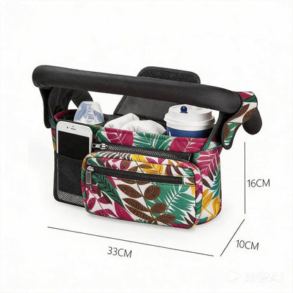 Multifunctional Stroller Organizer Bag – Universal Hanging Storage Pouch with Insulated Bottle Holder, Detachable Pouch, and Adjustable Straps, Doubles as a Crossbody Diaper Bag for On-the-Go Convenience (Tropical Leaf)