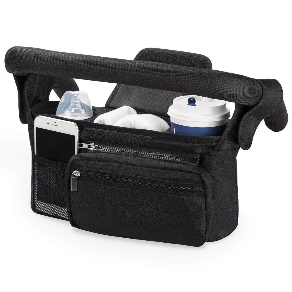 Multifunctional Stroller Organizer Bag – Universal Hanging Storage Pouch with Insulated Bottle Holder, Detachable Pouch, and Adjustable Straps, Doubles as a Crossbody Diaper Bag for On-the-Go Convenience (Tropical Leaf)