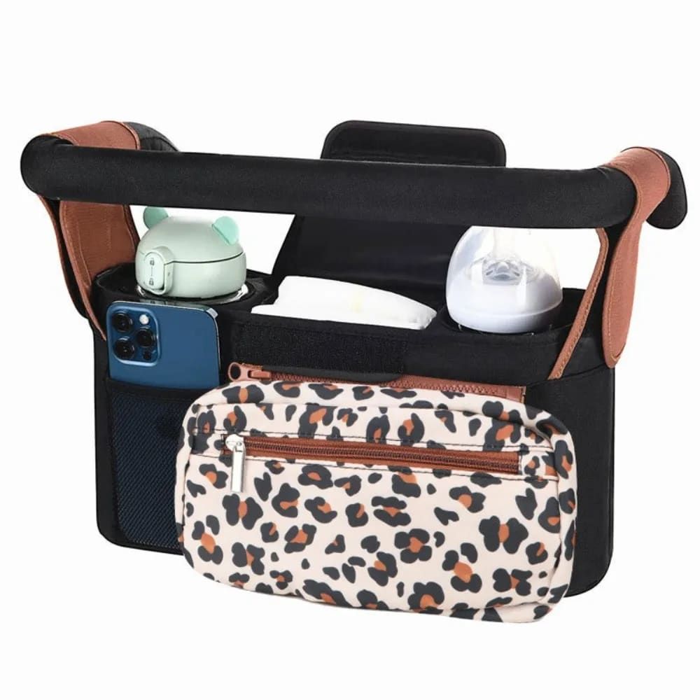 Multifunctional Stroller Organizer Bag – Universal Hanging Storage Pouch with Insulated Bottle Holder, Detachable Pouch, and Adjustable Straps, Doubles as a Crossbody Diaper Bag for On-the-Go Convenience (Tropical Leaf)