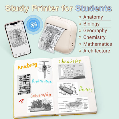 Mini Bluetooth Thermal Printer for Study, Journaling, and Labeling – Inkless Wireless Printing with App Control, Perfect for Students, DIY Lovers, and Home Organization Gifts (White)