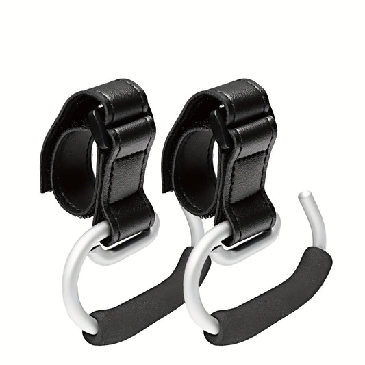 Universal Stroller Hooks with PU Leather Straps – Heavy-Duty Aluminum Baby Stroller Organizer for Hanging Bags, Purses, and Diaper Bags on Stroller Handles or Frames (Black)