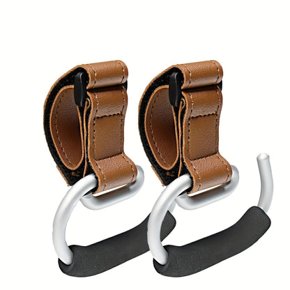 Universal Stroller Hooks with PU Leather Straps – Heavy-Duty Aluminum Baby Stroller Organizer for Hanging Bags, Purses, and Diaper Bags on Stroller Handles or Frames (Brown)