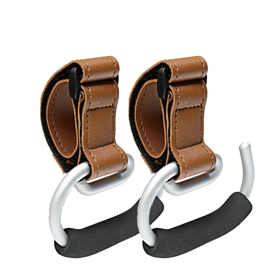 Universal Stroller Hooks with PU Leather Straps – Heavy-Duty Aluminum Baby Stroller Organizer for Hanging Bags, Purses, and Diaper Bags on Stroller Handles or Frames (Brown)