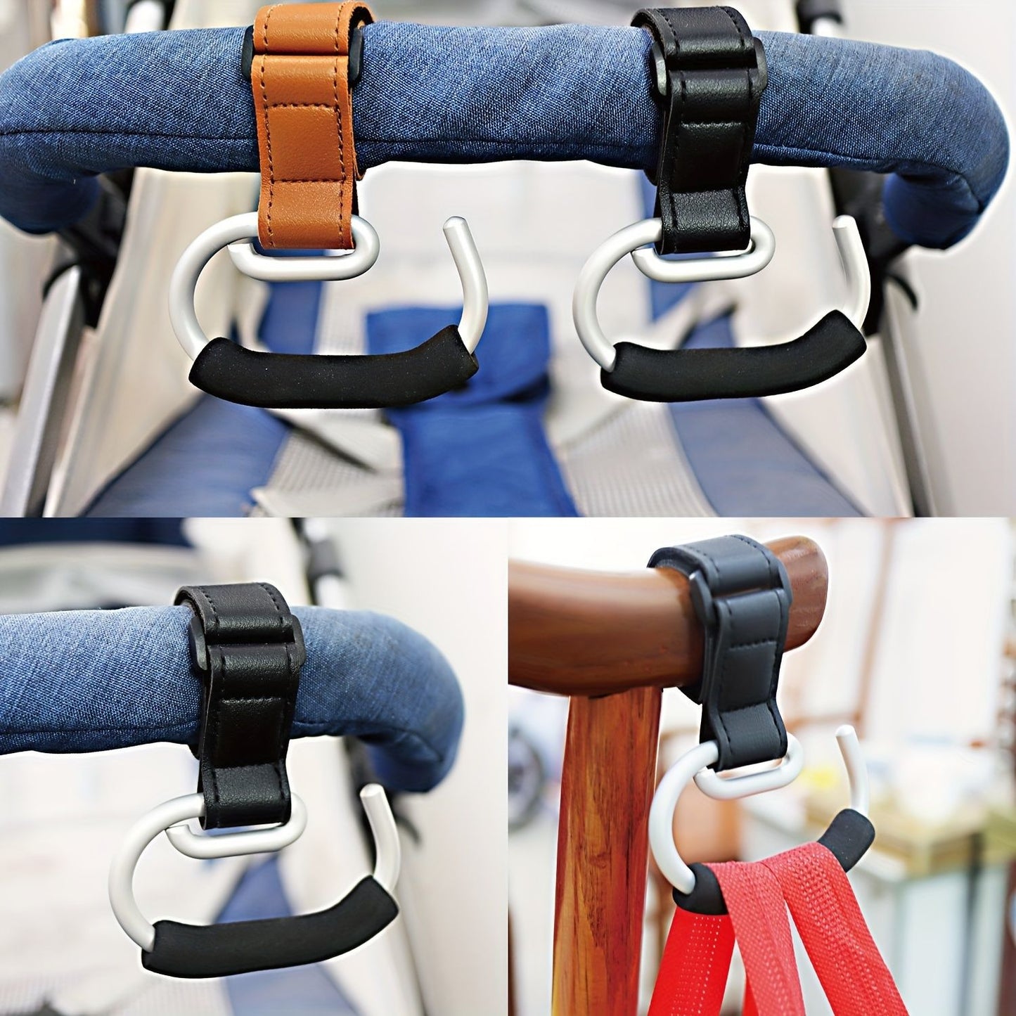 Universal Stroller Hooks with PU Leather Straps – Heavy-Duty Aluminum Baby Stroller Organizer for Hanging Bags, Purses, and Diaper Bags on Stroller Handles or Frames (Brown)