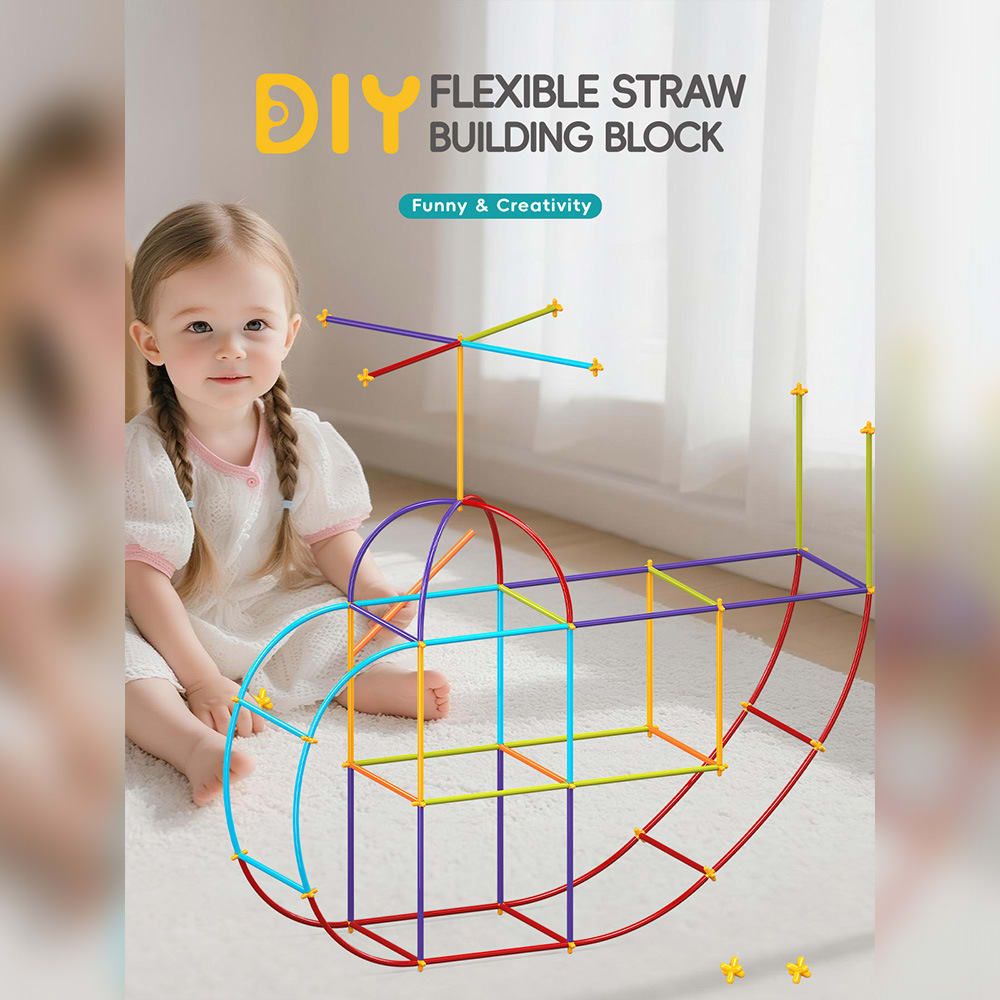 DIY Flexible Straw Building Blocks for Kids Ages 3-6, Creative Educational Construction Toy Set with Bendable Straws and Connectors, 112/242/723 Pieces for 3D Geometry and Imaginative Play (112PCS)