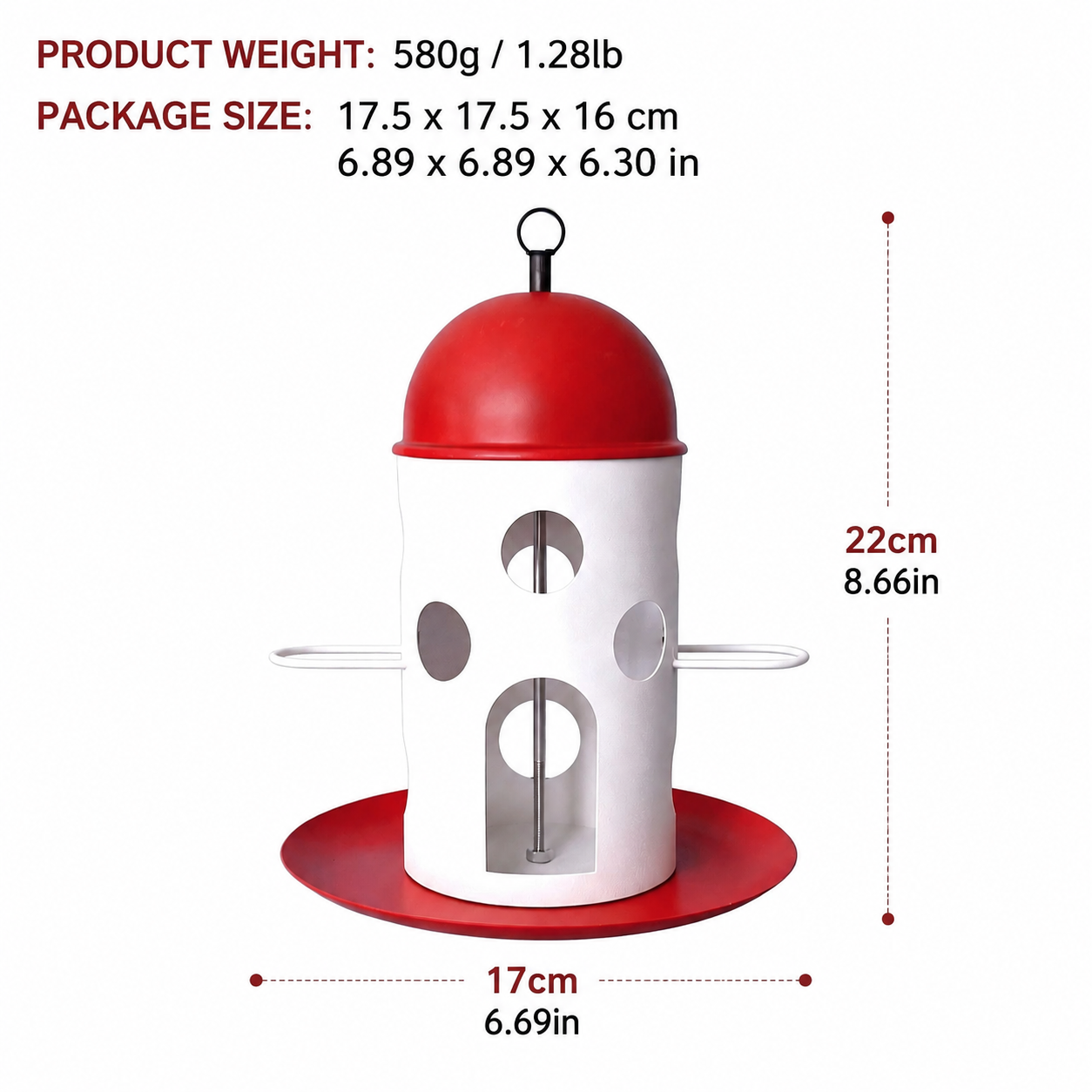 Hanging Bird Feeder with Red Dome Roof and Perch, Outdoor Wild Bird Feeding Station for Garden, Yard, Balcony, or Park Decoration and Bird Watching (Red)