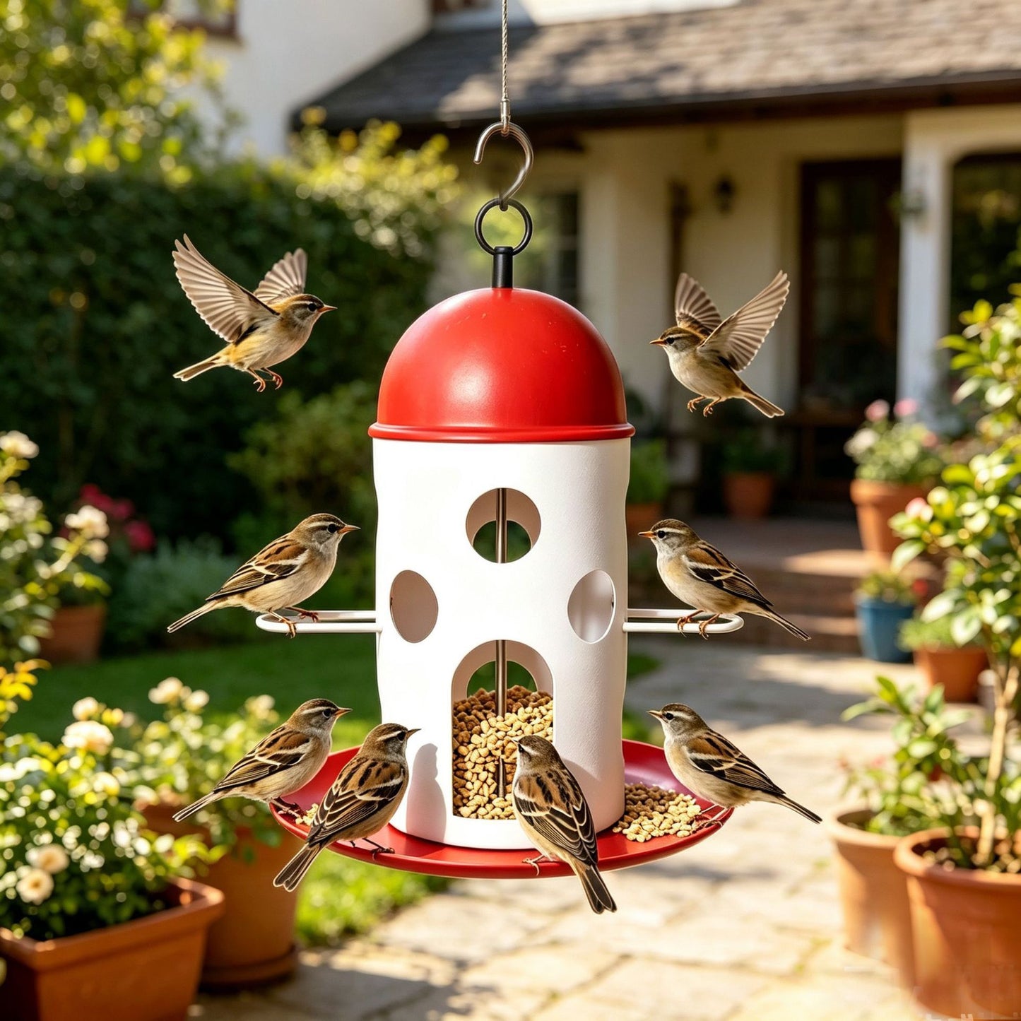 Hanging Bird Feeder with Red Dome Roof and Perch, Outdoor Wild Bird Feeding Station for Garden, Yard, Balcony, or Park Decoration and Bird Watching (Red)