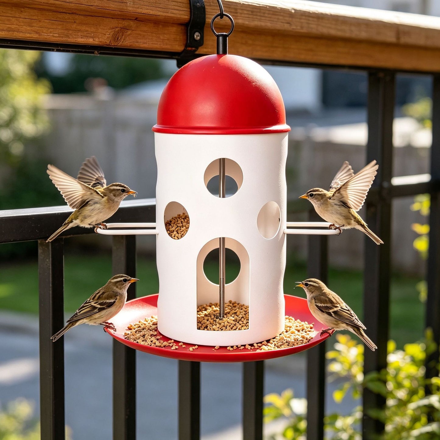 Hanging Bird Feeder with Red Dome Roof and Perch, Outdoor Wild Bird Feeding Station for Garden, Yard, Balcony, or Park Decoration and Bird Watching (Red)