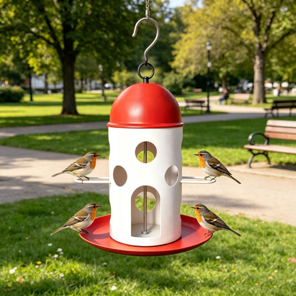 Hanging Bird Feeder with Red Dome Roof and Perch, Outdoor Wild Bird Feeding Station for Garden, Yard, Balcony, or Park Decoration and Bird Watching (Red)