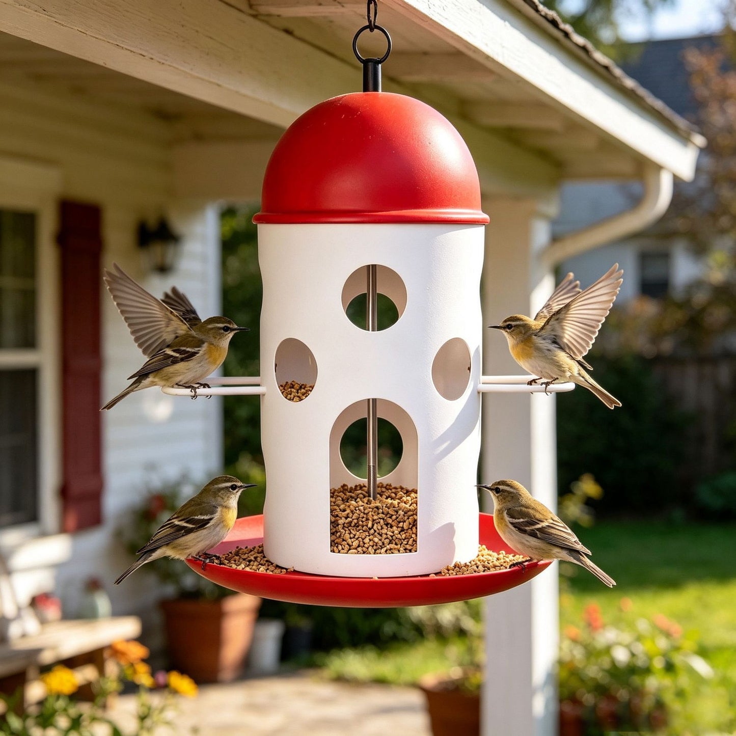 Hanging Bird Feeder with Red Dome Roof and Perch, Outdoor Wild Bird Feeding Station for Garden, Yard, Balcony, or Park Decoration and Bird Watching (Red)
