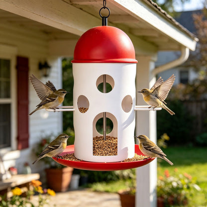 Hanging Bird Feeder with Red Dome Roof and Perch, Outdoor Wild Bird Feeding Station for Garden, Yard, Balcony, or Park Decoration and Bird Watching (Red)
