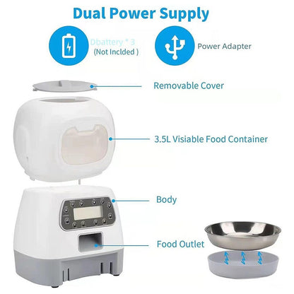 Smart Pet Automatic Feeder with 3.5L Capacity, Timed Portion Control, WiFi Remote Control, Voice Call Feature, Dual Power Supply for Cats and Small Dogs, Ideal for Indoor Use While You Are Away (A（No WiFi ）)
