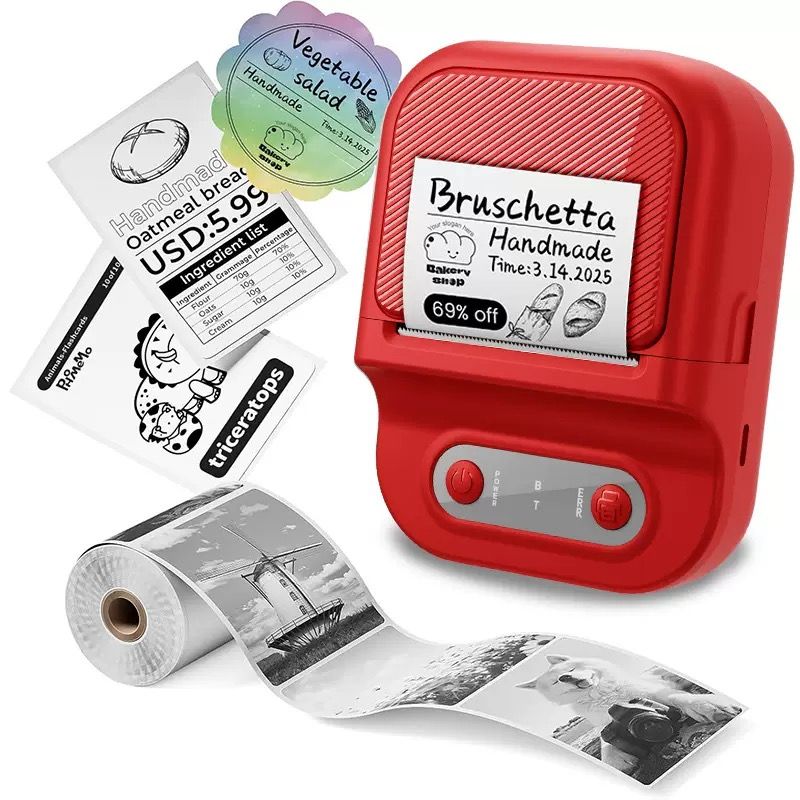 Portable Inkless Thermal Label Printer with Bluetooth Connectivity, Compatible with 12-58mm Paper Widths for Home Organization, Office Filing, Retail Pricing, and Creative Labeling Projects (Red)