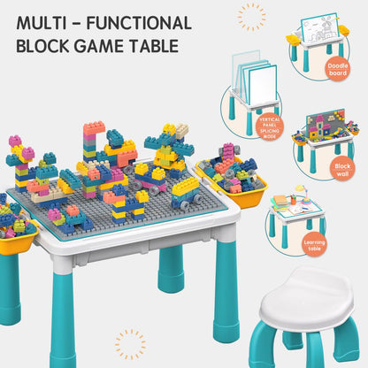 Multifunctional Kids Building Block Table Set with Storage, Compatible with 3-6 Year Olds, Includes Chair and 88-380PCS Colorful Bricks, Ideal for Learning, Drawing, Sand & Water Play (108PCS)