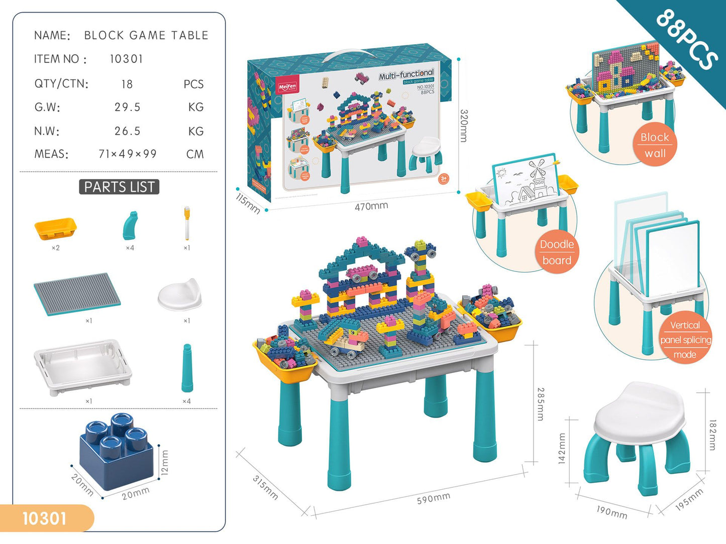 Multifunctional Kids Building Block Table Set with Storage, Compatible with 3-6 Year Olds, Includes Chair and 88-380PCS Colorful Bricks, Ideal for Learning, Drawing, Sand & Water Play (88PCS)