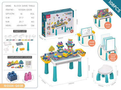 Multifunctional Kids Building Block Table Set with Storage, Compatible with 3-6 Year Olds, Includes Chair and 88-380PCS Colorful Bricks, Ideal for Learning, Drawing, Sand & Water Play (88PCS)