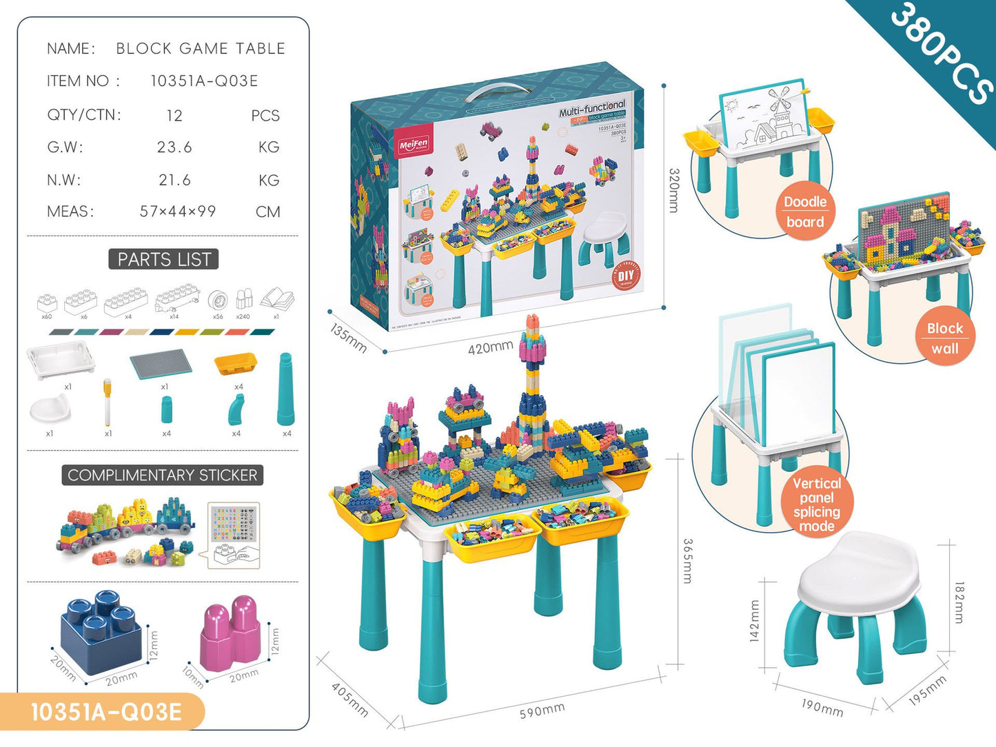Multifunctional Kids Building Block Table Set with Storage, Compatible with 3-6 Year Olds, Includes Chair and 88-380PCS Colorful Bricks, Ideal for Learning, Drawing, Sand & Water Play (88PCS)