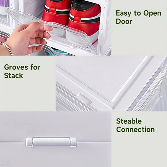 White Black foldable shoe storage boxes, transparent shoe boxes, shoe storage Australia, wardrobe organisers, stackable shoe boxes, collapsible shoe containers, shoe protection boxes, clutter-free storage, home organisation Australia