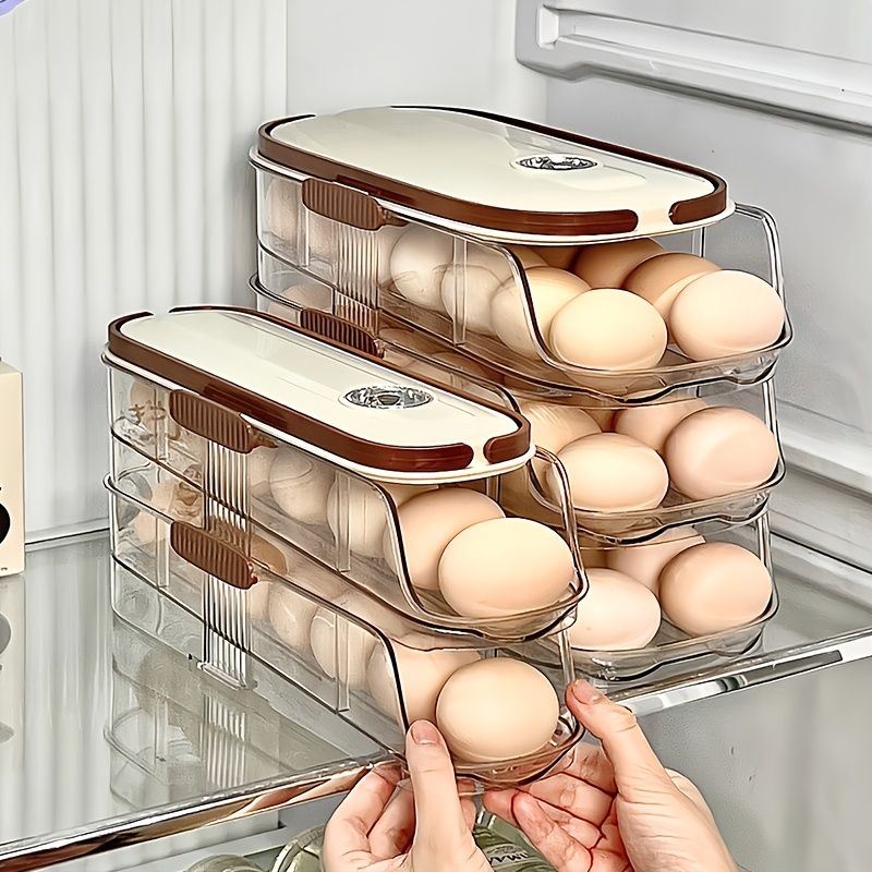 Beige Gold egg storage box, portable egg container, lidded egg holder, kitchen egg organizer, australian kitchen, fridge egg storage, stackable egg crate, see-through egg box