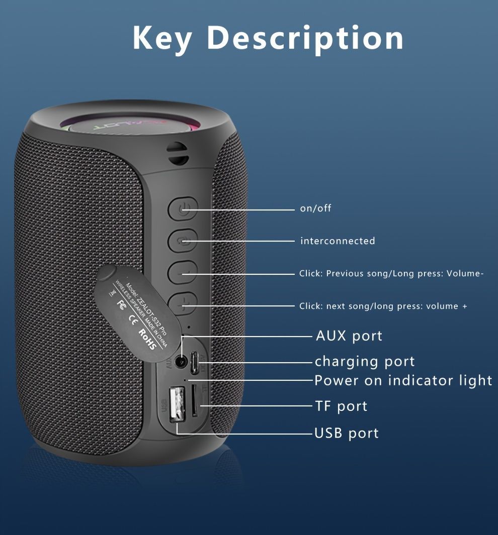 Portable Bluetooth Speaker Compact Speaker High-Quality Sound Long Battery Life - Black - Size 90-93-128mm