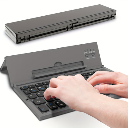 Black foldable wireless keyboard, Broadcom Microchip, US layout keyboard, iOS compatible keyboard, Android compatible keyboard, Windows compatible keyboard, portable keyboard, triple fold keyboard, Australian market keyboard, on-the-go typing