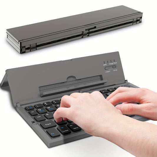 Black foldable wireless keyboard, Broadcom Microchip, US layout keyboard, iOS compatible keyboard, Android compatible keyboard, Windows compatible keyboard, portable keyboard, triple fold keyboard, Australian market keyboard, on-the-go typing