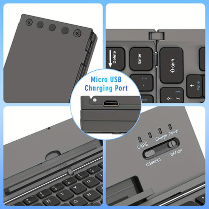 Black foldable wireless keyboard, Broadcom Microchip, US layout keyboard, iOS compatible keyboard, Android compatible keyboard, Windows compatible keyboard, portable keyboard, triple fold keyboard, Australian market keyboard, on-the-go typing