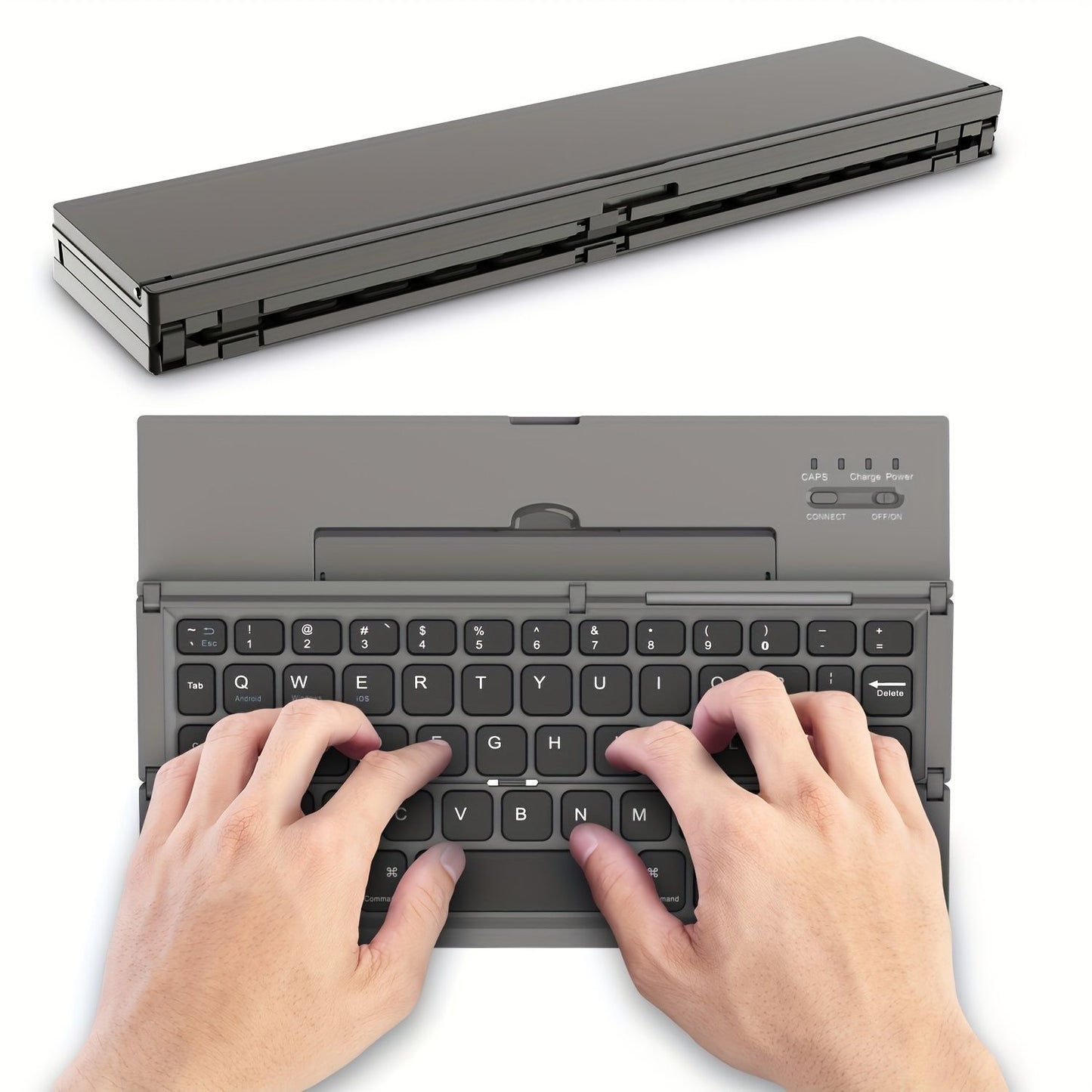 Black foldable wireless keyboard, Broadcom Microchip, US layout keyboard, iOS compatible keyboard, Android compatible keyboard, Windows compatible keyboard, portable keyboard, triple fold keyboard, Australian market keyboard, on-the-go typing