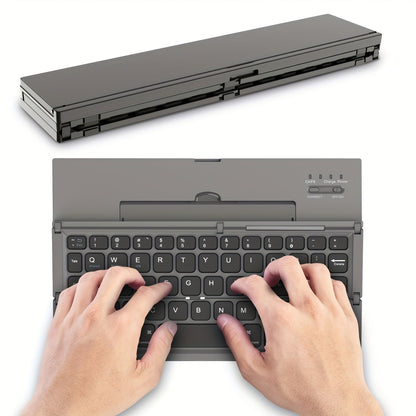 Black foldable wireless keyboard, Broadcom Microchip, US layout keyboard, iOS compatible keyboard, Android compatible keyboard, Windows compatible keyboard, portable keyboard, triple fold keyboard, Australian market keyboard, on-the-go typing