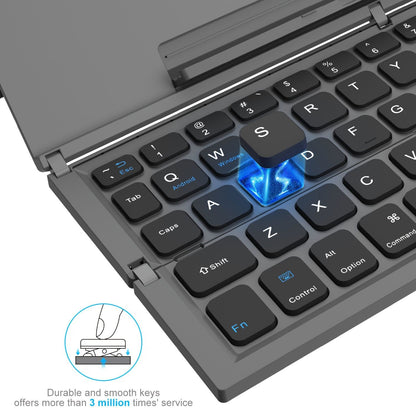 Black foldable wireless keyboard, Broadcom Microchip, US layout keyboard, iOS compatible keyboard, Android compatible keyboard, Windows compatible keyboard, portable keyboard, triple fold keyboard, Australian market keyboard, on-the-go typing