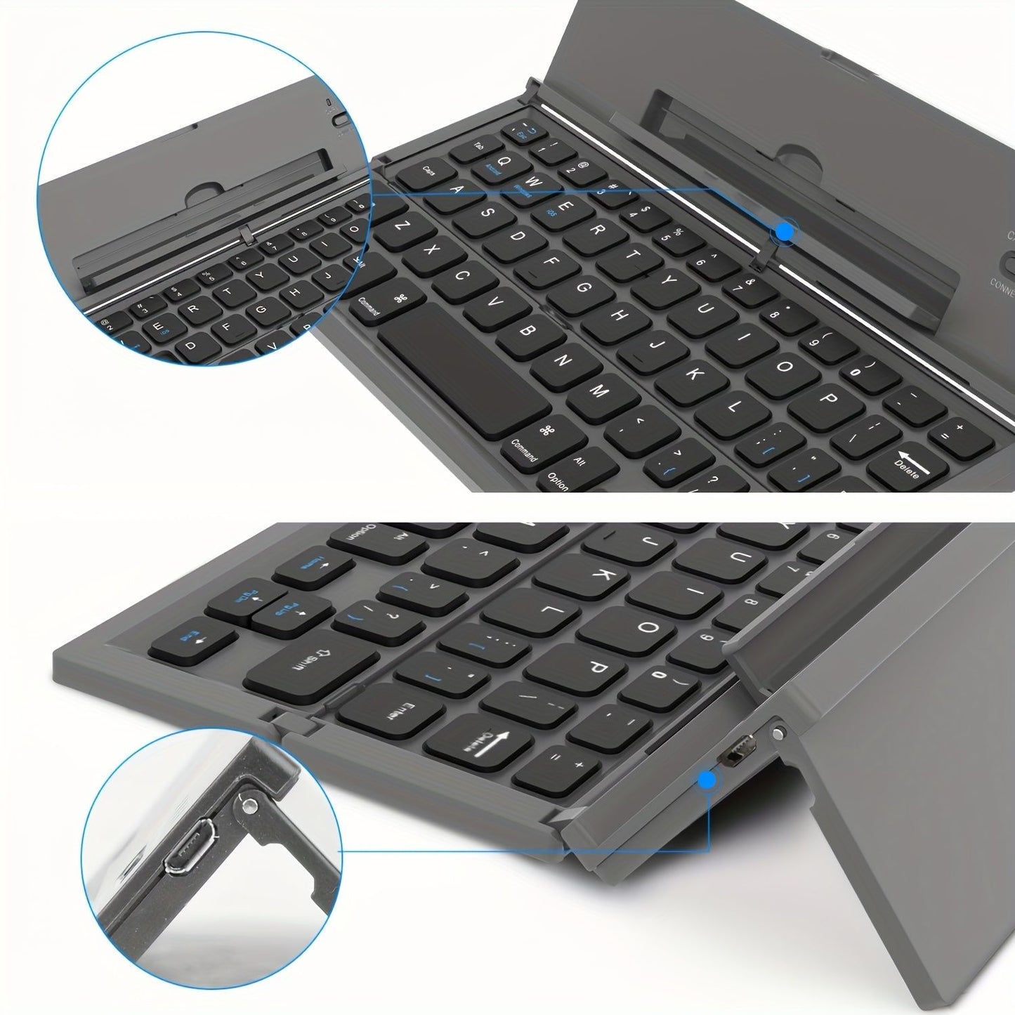 Black foldable wireless keyboard, Broadcom Microchip, US layout keyboard, iOS compatible keyboard, Android compatible keyboard, Windows compatible keyboard, portable keyboard, triple fold keyboard, Australian market keyboard, on-the-go typing
