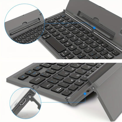 Black foldable wireless keyboard, Broadcom Microchip, US layout keyboard, iOS compatible keyboard, Android compatible keyboard, Windows compatible keyboard, portable keyboard, triple fold keyboard, Australian market keyboard, on-the-go typing