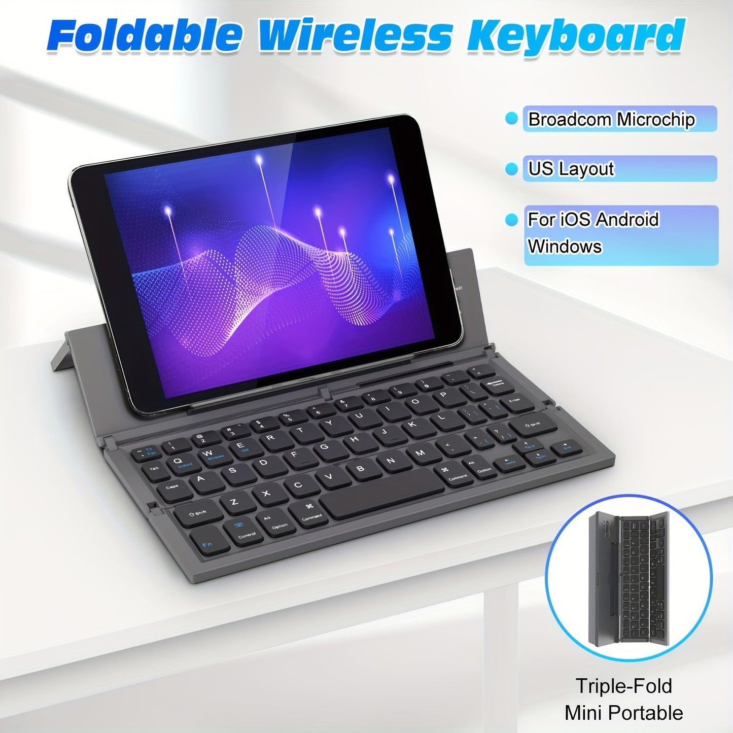 Black foldable wireless keyboard, Broadcom Microchip, US layout keyboard, iOS compatible keyboard, Android compatible keyboard, Windows compatible keyboard, portable keyboard, triple fold keyboard, Australian market keyboard, on-the-go typing