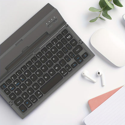 Black foldable wireless keyboard, Broadcom Microchip, US layout keyboard, iOS compatible keyboard, Android compatible keyboard, Windows compatible keyboard, portable keyboard, triple fold keyboard, Australian market keyboard, on-the-go typing