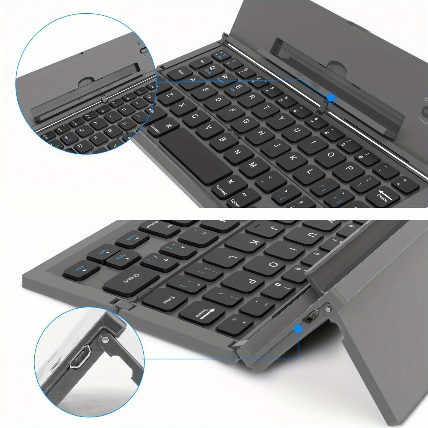 Black foldable wireless keyboard, Broadcom Microchip, US layout keyboard, iOS compatible keyboard, Android compatible keyboard, Windows compatible keyboard, portable keyboard, triple fold keyboard, Australian market keyboard, on-the-go typing