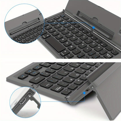Black foldable wireless keyboard, Broadcom Microchip, US layout keyboard, iOS compatible keyboard, Android compatible keyboard, Windows compatible keyboard, portable keyboard, triple fold keyboard, Australian market keyboard, on-the-go typing
