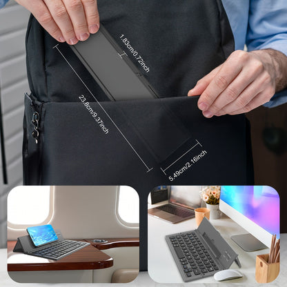 Black foldable wireless keyboard, Broadcom Microchip, US layout keyboard, iOS compatible keyboard, Android compatible keyboard, Windows compatible keyboard, portable keyboard, triple fold keyboard, Australian market keyboard, on-the-go typing