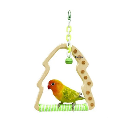 Natural Bird Swing - Tree-Shaped Parrot Perch with Bell and Cork Toys, Spinning Wooden Stand for Parakeets, Budgies, Lovebirds and Small/Medium Birds (White + Green)