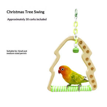 Natural Bird Swing - Tree-Shaped Parrot Perch with Bell and Cork Toys, Spinning Wooden Stand for Parakeets, Budgies, Lovebirds and Small/Medium Birds (White + Green)