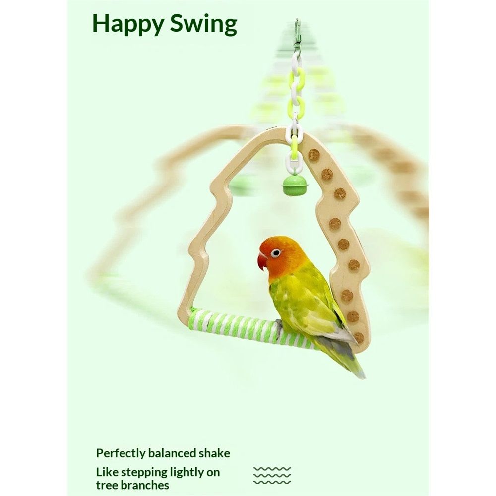 Natural Bird Swing - Tree-Shaped Parrot Perch with Bell and Cork Toys, Spinning Wooden Stand for Parakeets, Budgies, Lovebirds and Small/Medium Birds (White + Green)