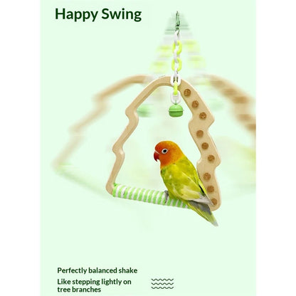 Natural Bird Swing - Tree-Shaped Parrot Perch with Bell and Cork Toys, Spinning Wooden Stand for Parakeets, Budgies, Lovebirds and Small/Medium Birds (White + Green)