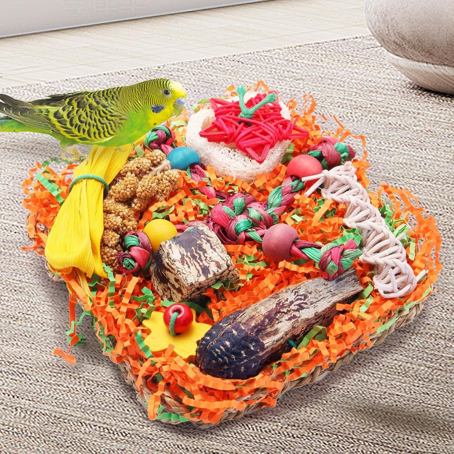 Bird Toys, 2 Pack Bird Grass Mat Foraging Wall Toys Parrot Shredder Toys for Parakeet, , Lovebird, Budgie, Small to Medium Birds